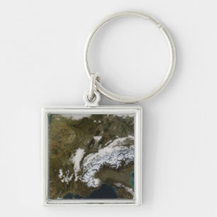 Snow, fog, and low clouds in western Europe Keychain