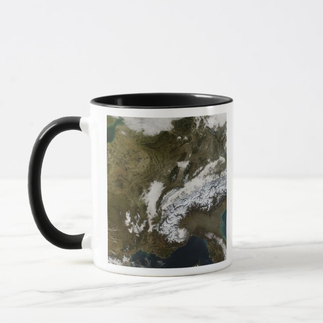 Snow, fog, and low clouds in western Europe Mug (Left)