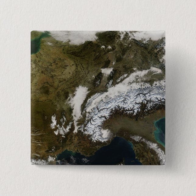 Snow, fog, and low clouds in western Europe Pinback Button (Front)