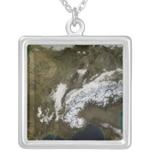 Snow, fog, and low clouds in western Europe Silver Plated Necklace