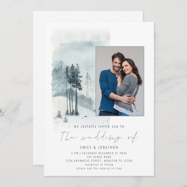 Snow Forest Photo Elegant Script Winter Wedding Invitation (Front/Back)