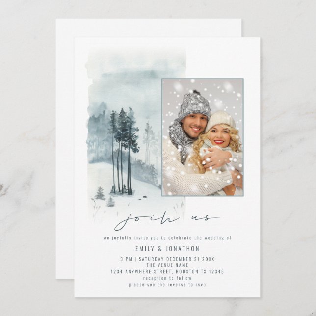 Snow Forest Photo Join Us QR Code Winter Wedding  Invitation (Front/Back)