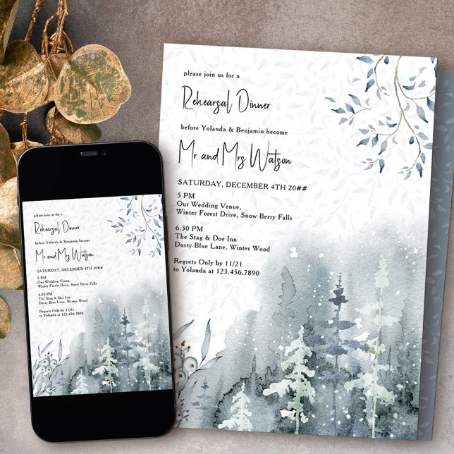 Snow Forest Watercolor Winter Wedding Rehearsal Invitation (Wedding Rehearsal Dinner invitation from my Snow Forest Winter Wedding collection)