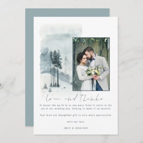 Snow Forest Wedding Photo Love and Thanks Thank You Card