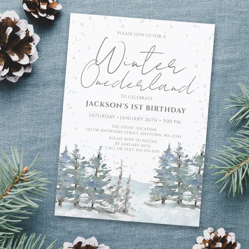 Snow Forest Winter Onederland Boy 1st Birthday Invitation