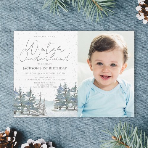 Snow Forest Winter Onederland Boy Birthday Photo Invitation