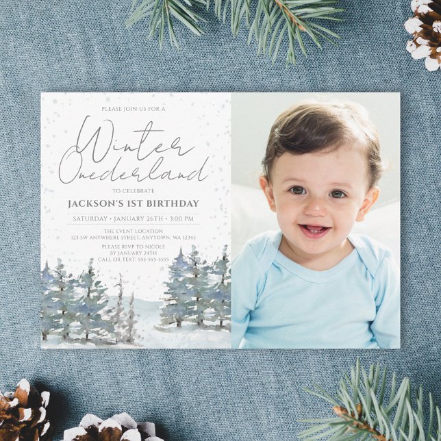 Snow Forest Winter Onederland Boy Birthday Photo Invitation (Creator Uploaded)