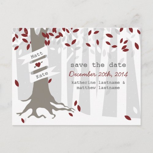 Snow Forest Winter Red Wedding Save Date Postcard