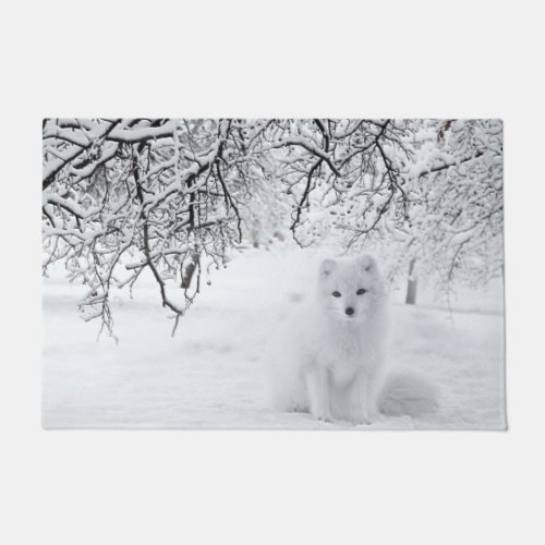 Snow Fox in Winter Woods Doormat