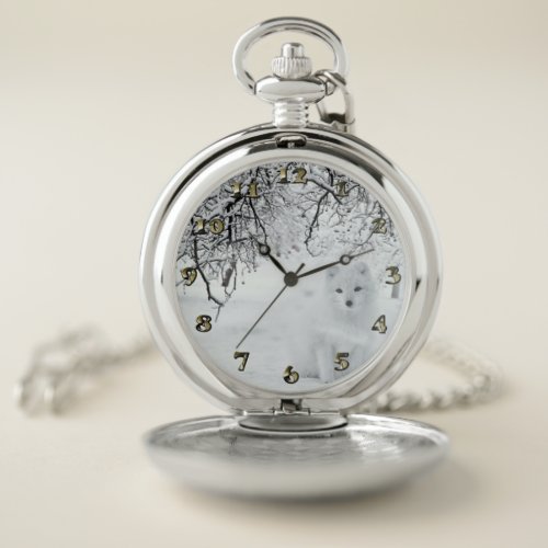 Snow Fox in Winter Woods Pocket Watch