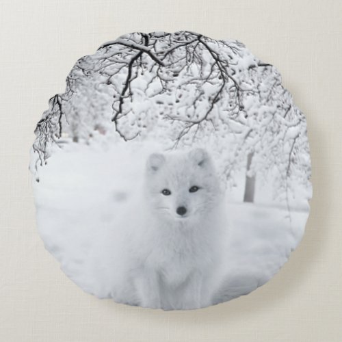 Snow Fox in Winter Woods Round Pillow