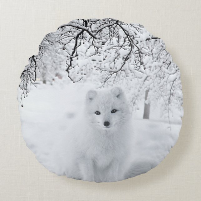 Snow Fox in Winter Woods Round Pillow (Front)