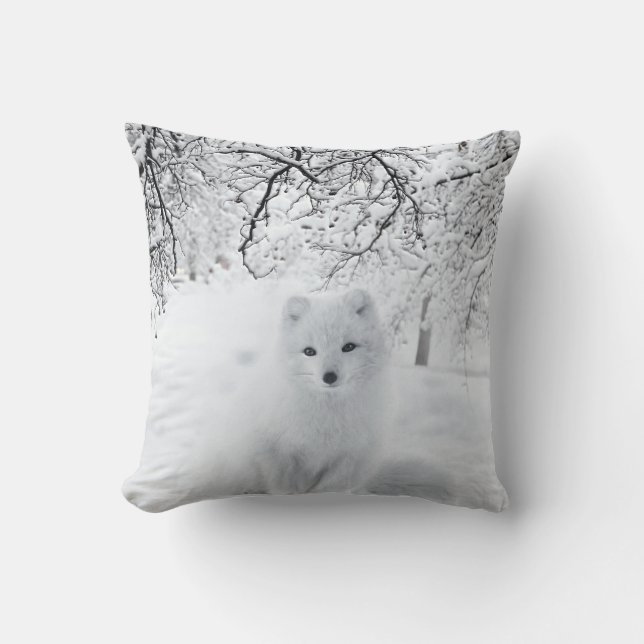 Snow Fox in Winter Woods Throw Pillow (Front)