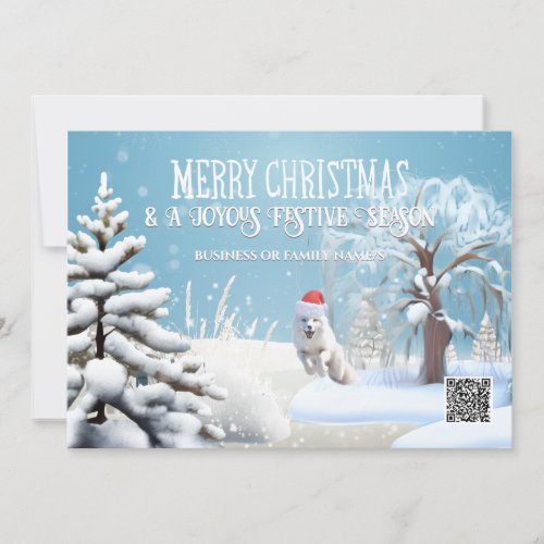 Snow fox wearing santa hat winter forest qr code  holiday card