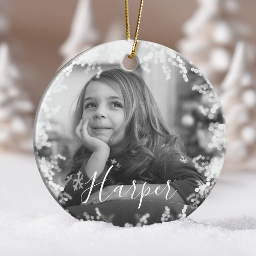 Snow Frame Minimal Black  White Photo Custom Name Ceramic Ornament