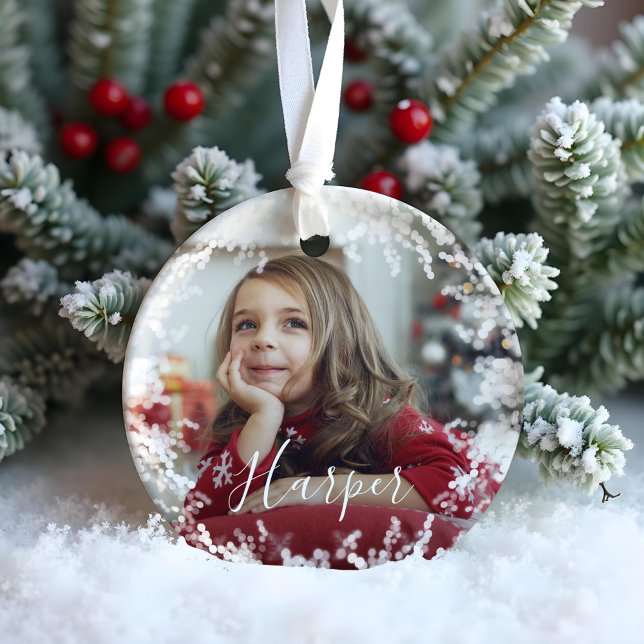 Snow Frame Minimal Two Photo Custom Name Script Ceramic Ornament (Snow Frame Minimal Two Photo Custom Name Script Ceramic Ornament)