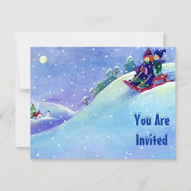 SNOW FUN WINTER BIRTHDAY PARTY INVITATION SLEDDING (Front)