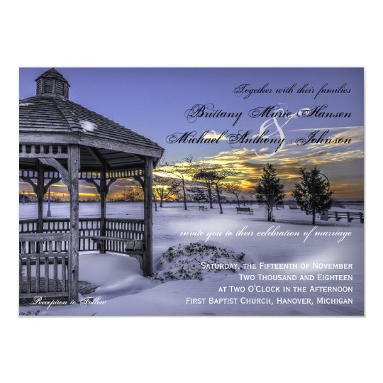 Snow Gazebo Tree Sunset Winter Wedding Invitations Zazzle Com