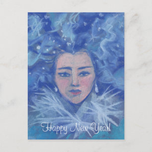 Snow Girl, winter fantasy art, Christmas New Year Holiday Postcard