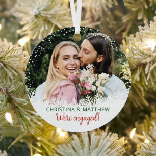 Snow Glitter Plaid First Christmas Engaged Photo Metal Ornament
