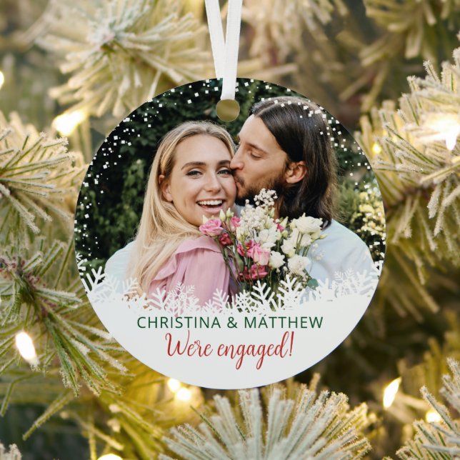 Snow Glitter Plaid First Christmas Engaged Photo Metal Ornament (Insitu)