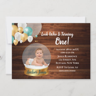 Snow Globe Add Photo 1st. Birthday Party Invites