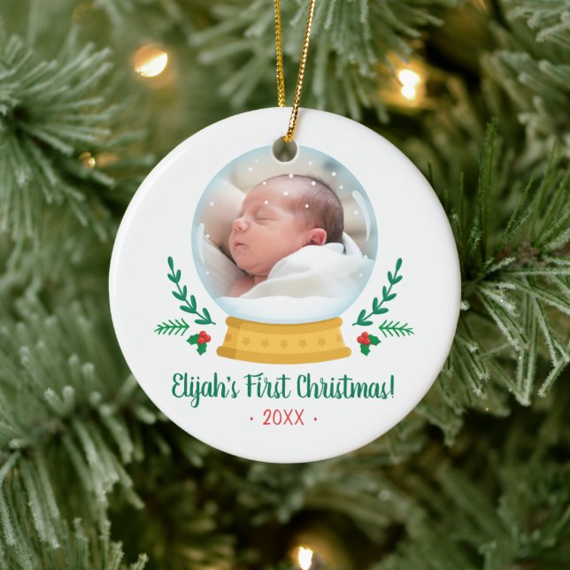 Snow Globe Baby's First Christmas Photo Ceramic Ornament (Tree)