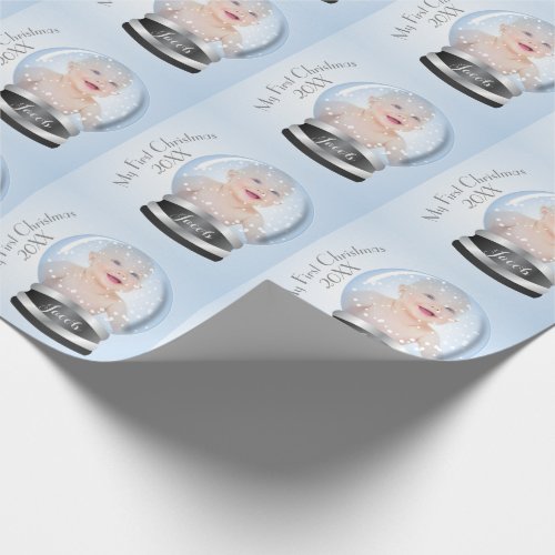 Snow Globe blue boy Babys 1st Christmas Photo Wrapping Paper