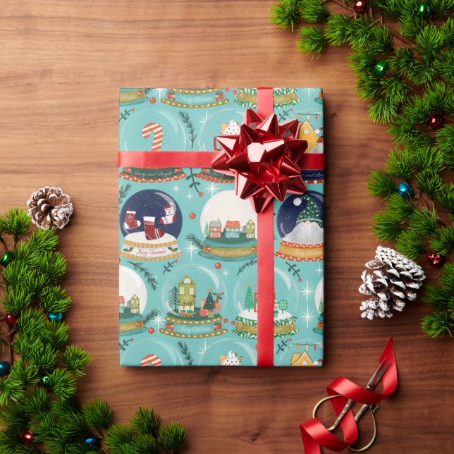 Snow Globe Christmas Gnome Gingerbread House Blue Wrapping Paper (Holiday Gift)