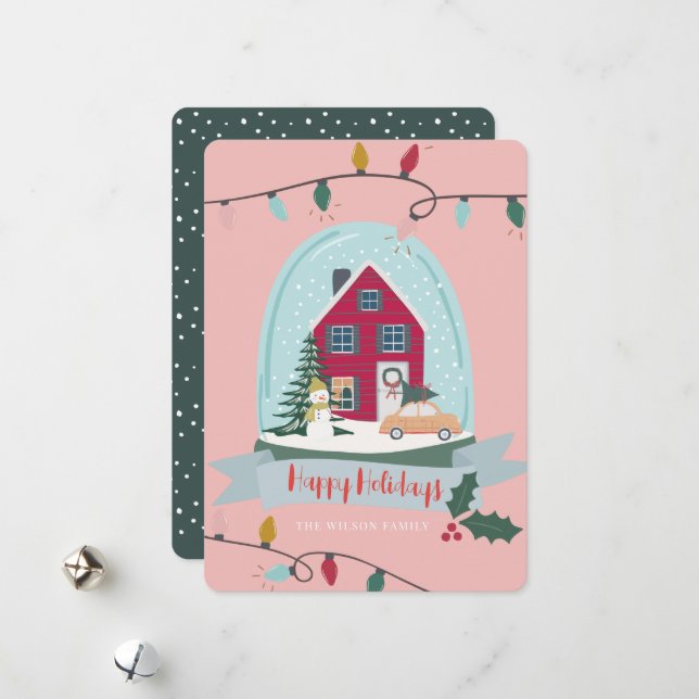 Snow Globe Christmas House & Car Pink Photo Holiday Card (Front/Back In Situ)