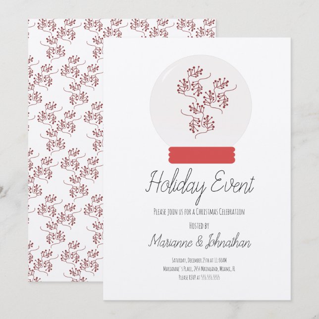 Snow Globe Christmas Party Berry Sprig Kraft Invitation (Front/Back)