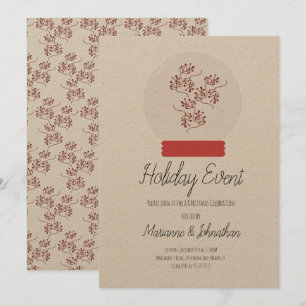Snow Globe Christmas Party Berry Sprig Kraft Invitation
