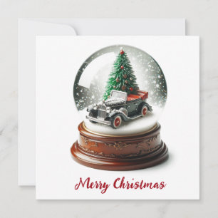 Snow Globe Christmas Tree Vintage Car Holiday Card