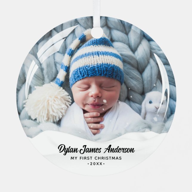 Snow Globe Effect Baby's 1st Christmas 2-Photo Metal Ornament (Back)