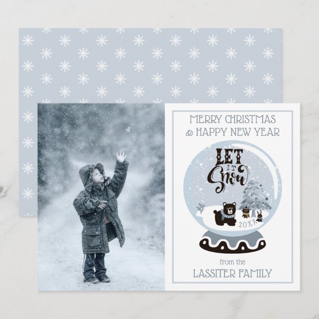 Snow Globe Forest Animals Christmas Let It Snow Ho Holiday Card (Front/Back)