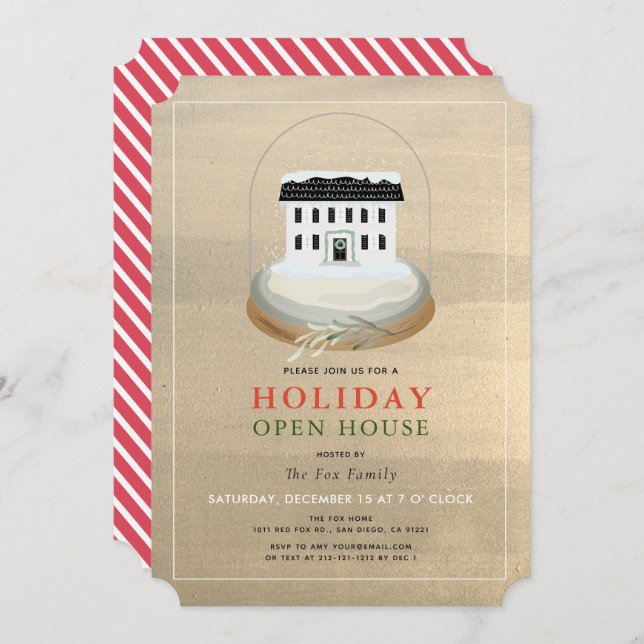 Snow Globe House Gold Holiday Open House Invitation (Front/Back)