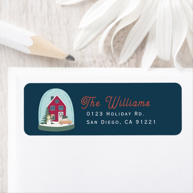 Snow Globe House Navy Christmas Holiday Label (Insitu)