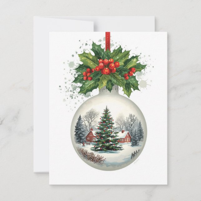 Snow Globe Ornament Scenic Holly Berries Holiday Card (Front)