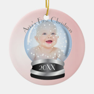 Snow Globe Pink Girl Baby's 1st Christmas Photo Ceramic Ornament