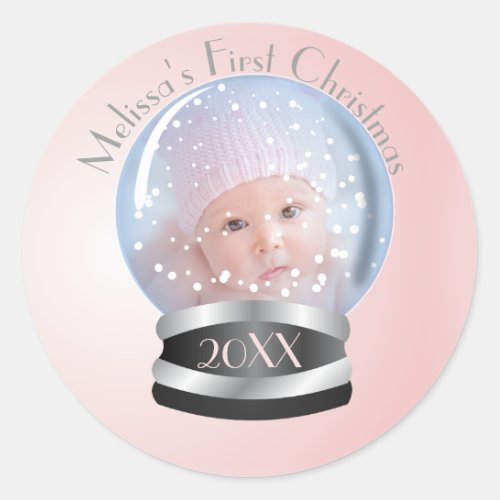 Snow Globe Pink Girl Babys 1st Christmas Photo Classic Round Sticker