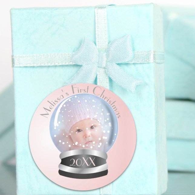 Snow Globe Pink Girl Baby's 1st Christmas Photo Classic Round Sticker (Snow Globe Pink Girl Baby's 1st Christmas Photo Classic Round Sticker)