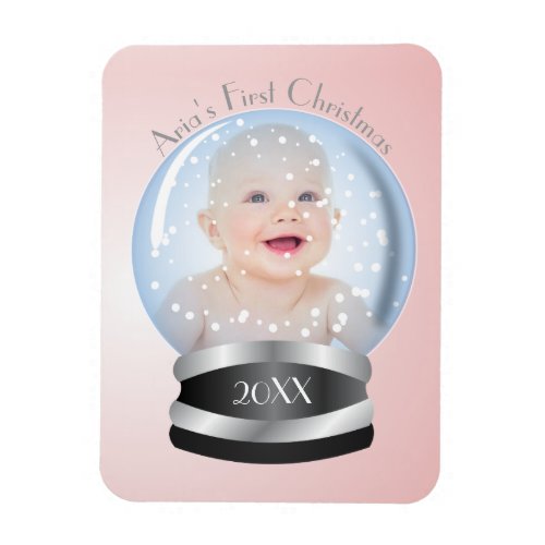 Snow Globe Pink Girl Babys 1st Christmas Photo Magnet