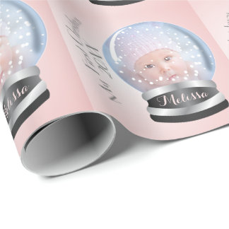Snow Globe Pink Girl Baby's 1st Christmas Photo Wrapping Paper
