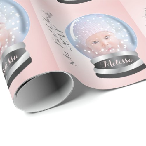 Snow Globe Pink Girl Babys 1st Christmas Photo Wrapping Paper