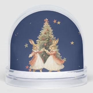 SNOW GLOBE RABBITS TRIMMING CHRISTMAS TREE