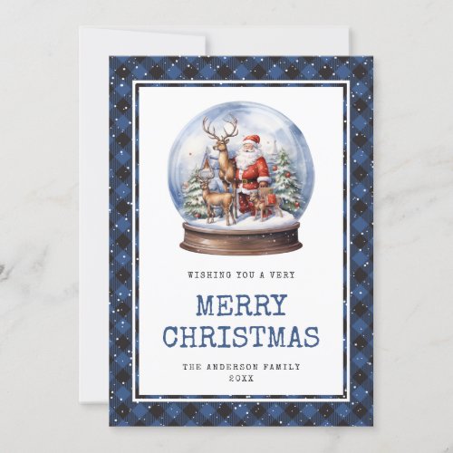 Snow Globe Santa Blue Plaid Merry Christmas Card