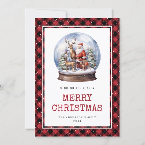 Snow Globe Santa Red Plaid Merry Christmas Card