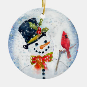 Snow Globe Snowman & Cardinal Ceramic Ornament