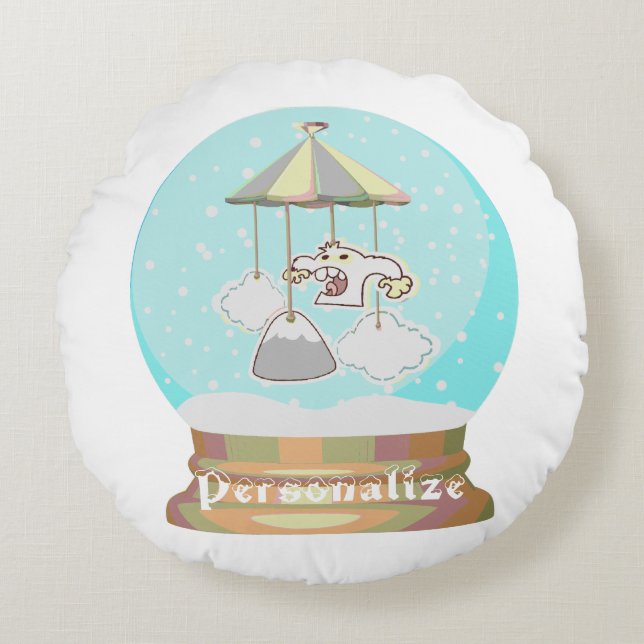Snow globe winter yeti baby boy blue cute round pillow (Front)