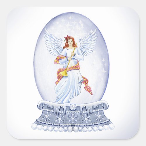 Snow globe with angel illustration square sticker